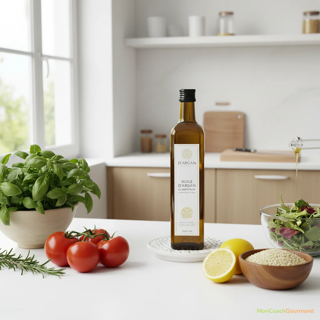 Cuisine moderne avec une bouteille d'huile d'argan de qualité, des légumes frais et des herbes, illustrant son intégration dans des repas sains.
