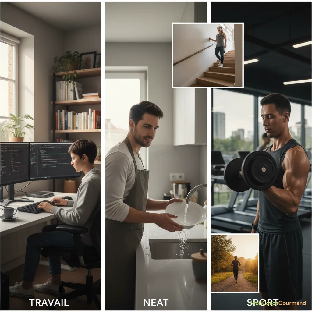 Un collage réaliste et coloré montrant différentes personnes engagées dans diverses activités : un employé de bureau, une personne faisant le ménage, et une autre faisant du sport (course à pied), symbolisant le Travail, le NEAT et le Sport.