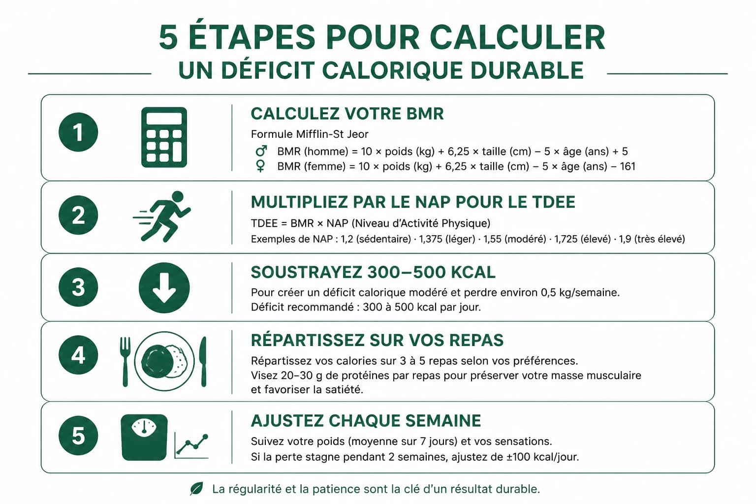 Cinq étapes illustrées pour calculer et installer un déficit calorique durable, du métabolisme de base à l'ajustement hebdomadaire. Aspect ratio 16:9.