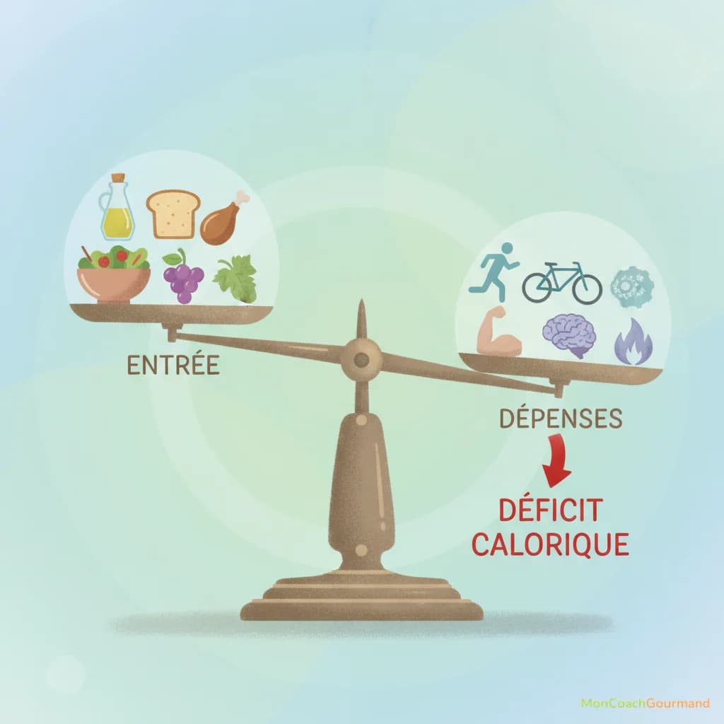 Représentation visuelle de l'équilibre calorique, avec une balance illustrant l'apport et la dépense énergétique pour un déficit calorique.
