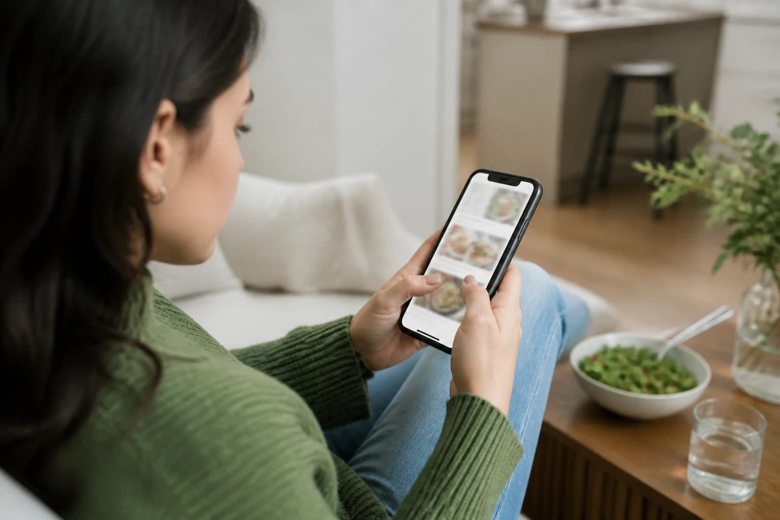 Jeune adulte consultant des contenus nutritionnels sur son smartphone