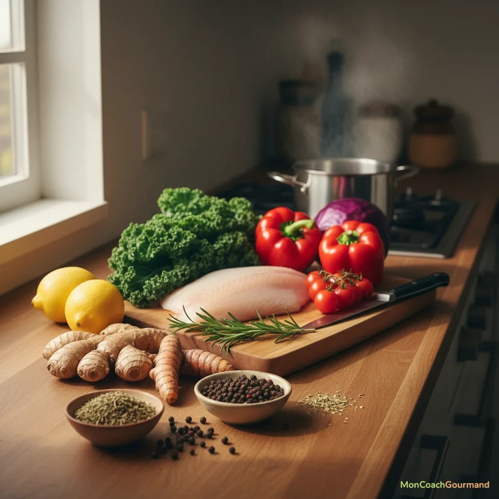 Herbes et épices sur une table de cuisine avec des ingrédients frais, évoquant une cuisine saine et la prévention des maladies. Image réaliste, aspectRatio 16:9.