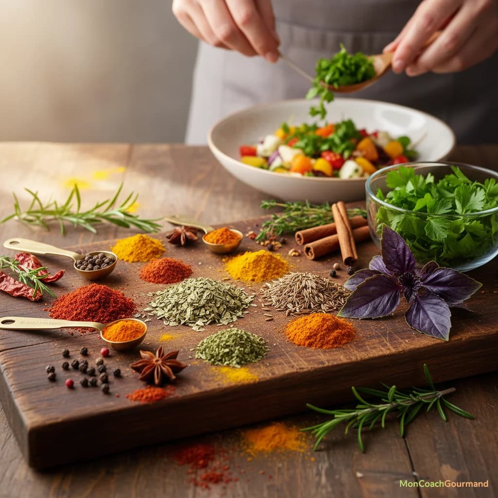 Assortiment coloré d'épices et d'herbes fraîches symbolisant les antioxydants et la protection immunitaire, avec des mains ajoutant des herbes à un plat. Image réaliste, aspectRatio 16:9.