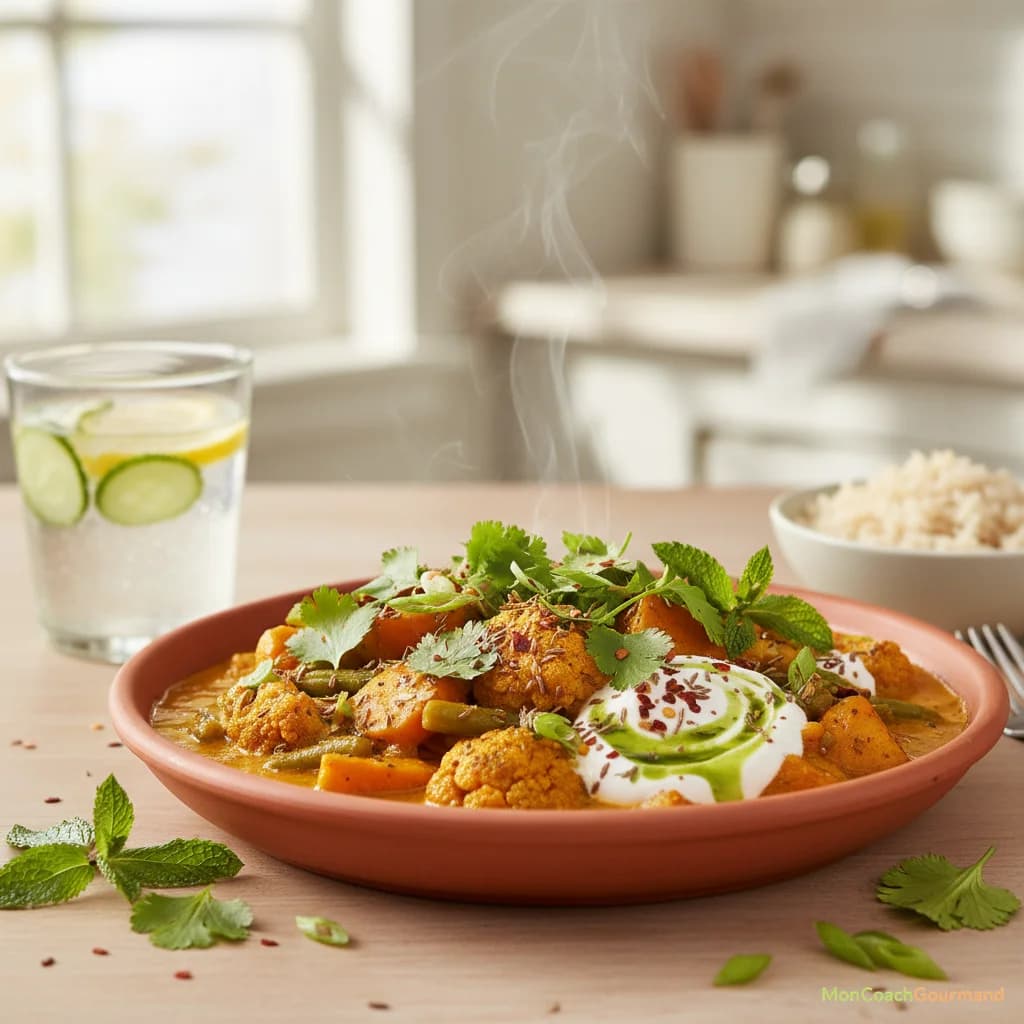 Plat coloré et équilibré, garni d'épices et d'herbes aromatiques, évoquant une digestion facile et un bien-être général. Image réaliste, aspectRatio 16:9.