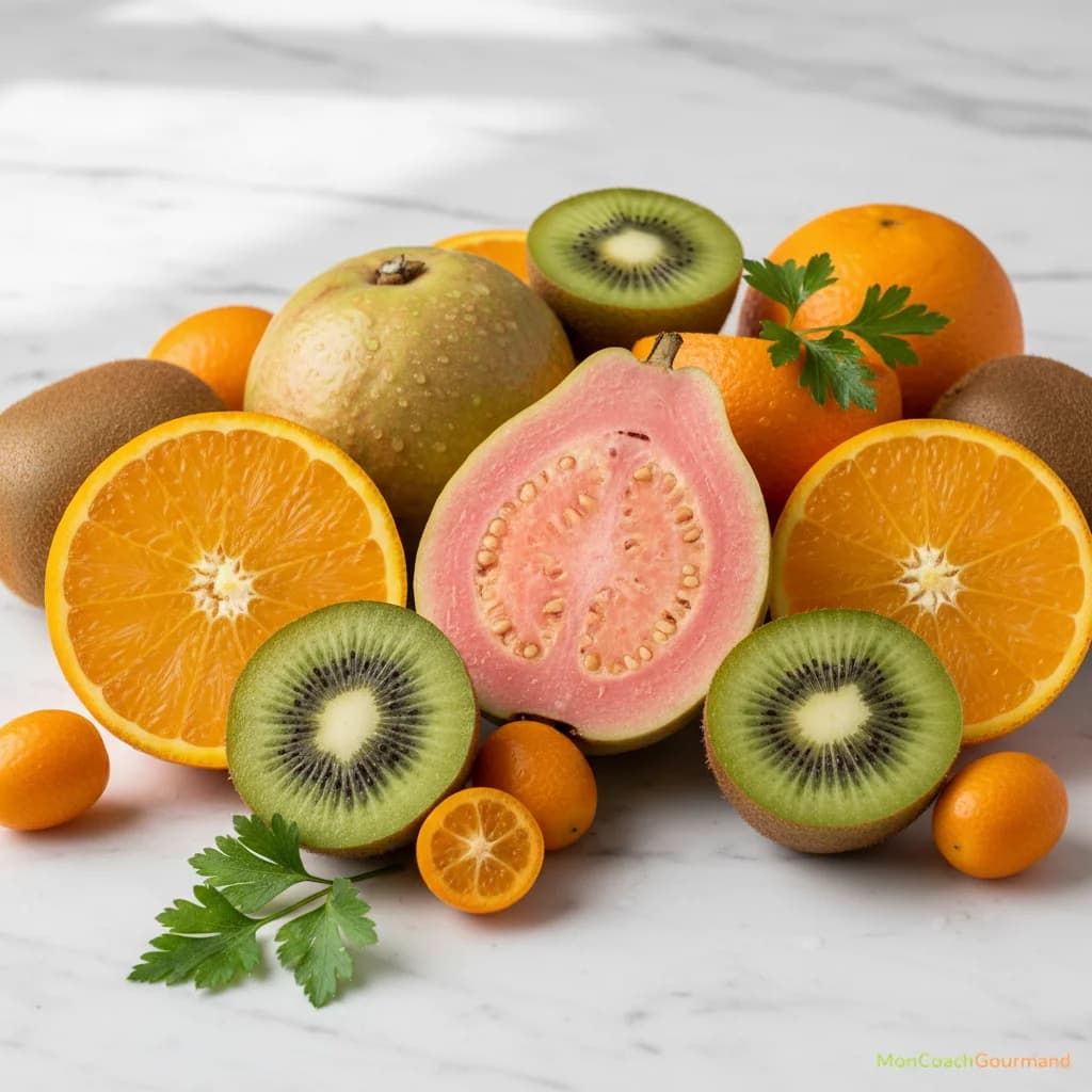 Goyave coupée, fruit exotique, riche en vitamine C et antioxydants, pour une alimentation saine et une vitalité optimale.
