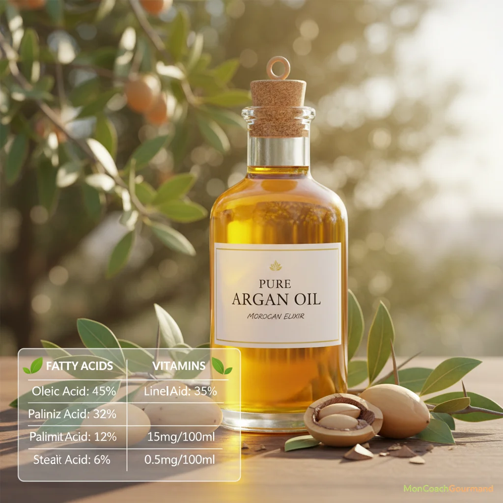 Bouteille d'huile d'argan avec des noix d'argan et des feuilles d'arganier, symbolisant sa richesse naturelle et sa composition unique.