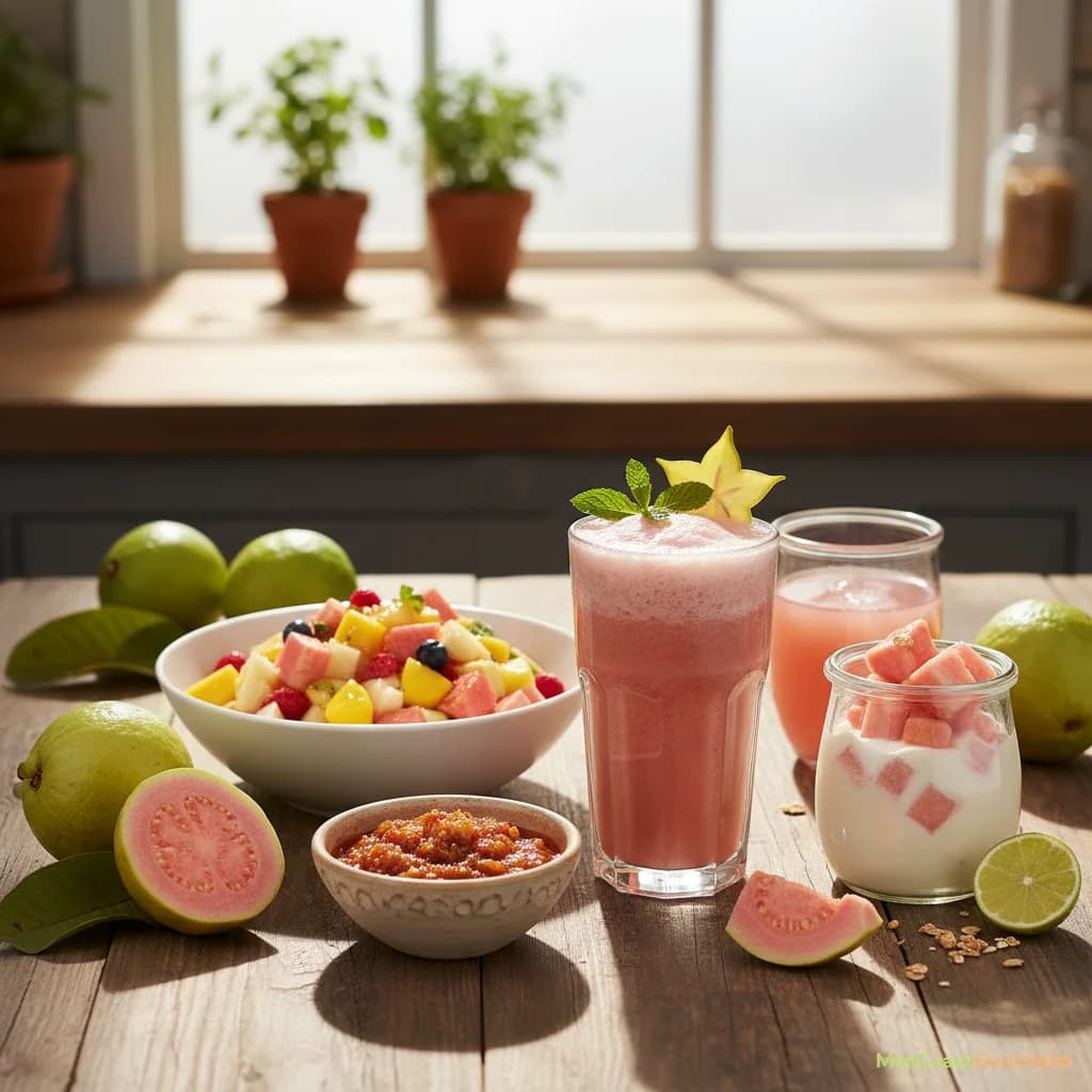 Assortiment de plats et boissons colorés à base de goyave, comme des smoothies, des salades de fruits et des desserts, illustrant sa polyvalence culinaire.