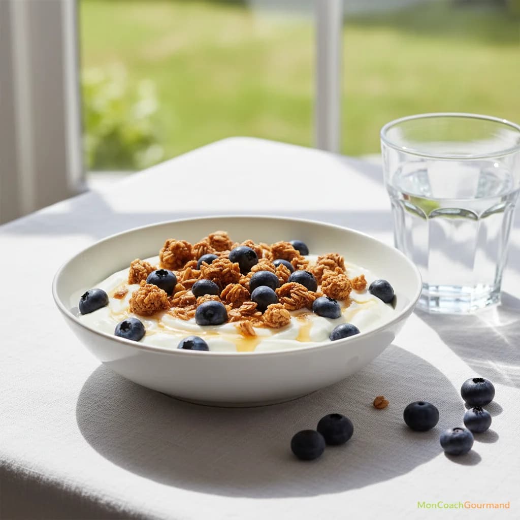 Un petit-déjeuner équilibré et coloré avec un bol de yaourt grec garni de myrtilles fraîches, de granola et de miel, mettant en valeur la facilité d'intégration des myrtilles dans l'alimentation quotidienne.