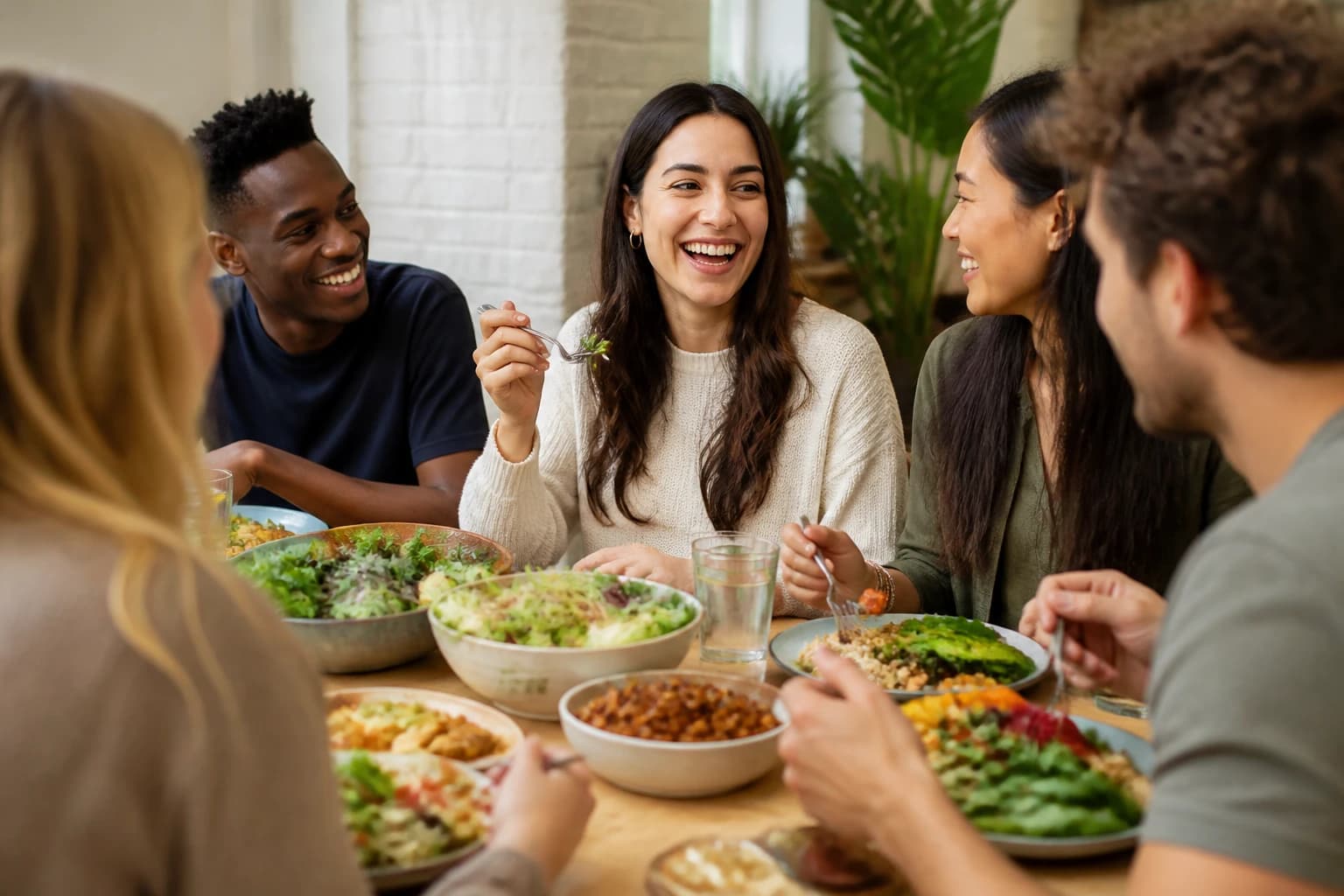Groupe de jeunes adultes discutant autour d'un repas équilibré
