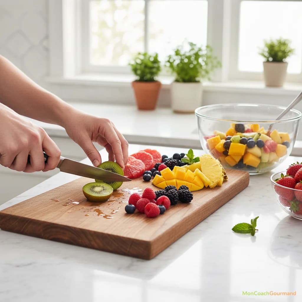 Des mains préparant une salade de fruits frais avec des kiwis, des baies et d'autres fruits colorés, sur une planche à découper en bois. Image réaliste et pleine de vie.