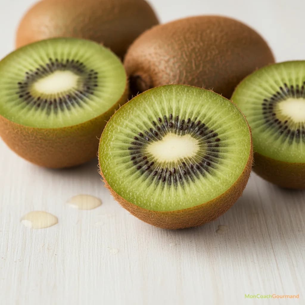 Gros plan sur des kiwis frais coupés en deux, révélant leur chair verte et juteuse, sur un fond clair. Image réaliste et appétissante.