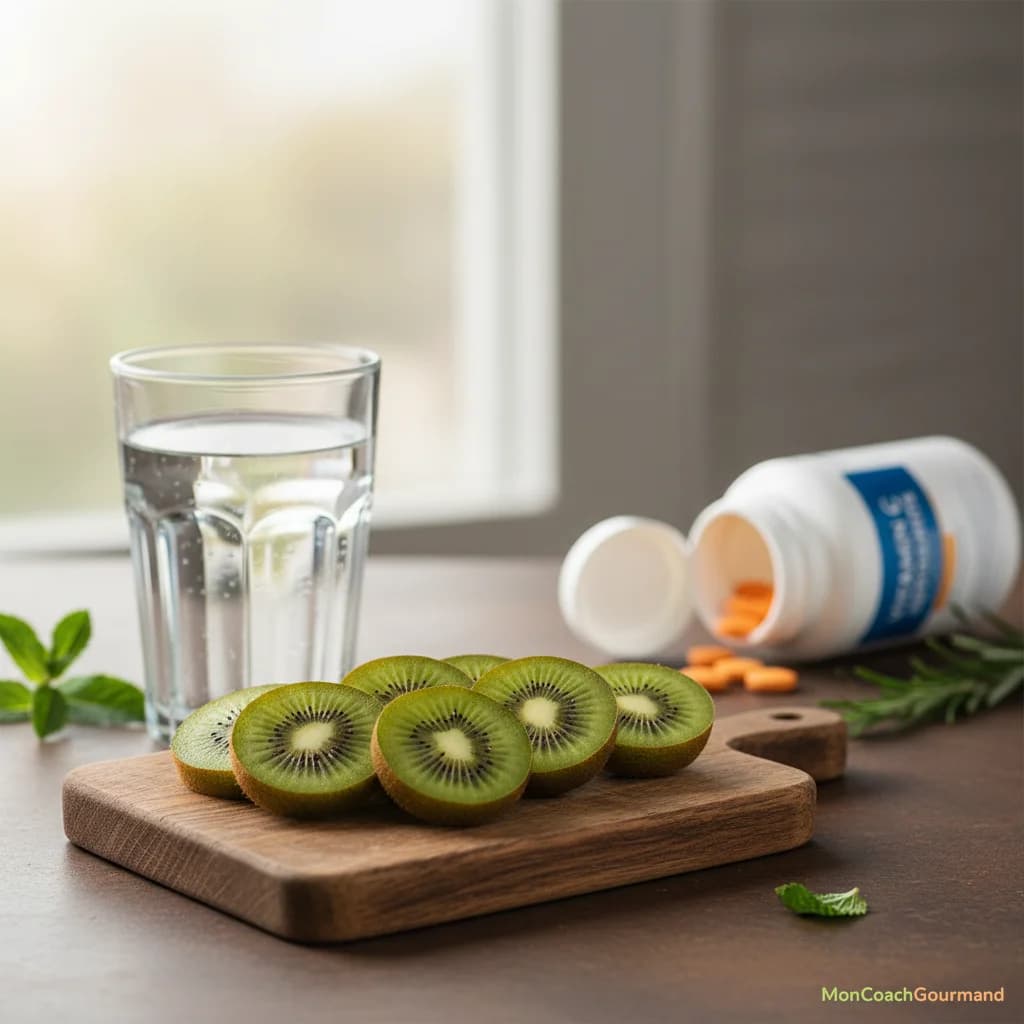 Un kiwi tranché près de suppléments de vitamine C et un verre d'eau, symbolisant les bienfaits du fruit pour l'énergie et l'immunité. Image réaliste.