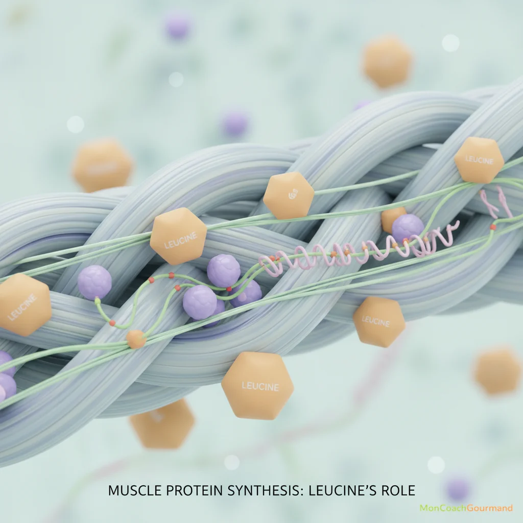 Illustration réaliste de molécules de leucine interagissant avec des fibres musculaires pour la synthèse protéique musculaire. Les couleurs sont claires et professionnelles.