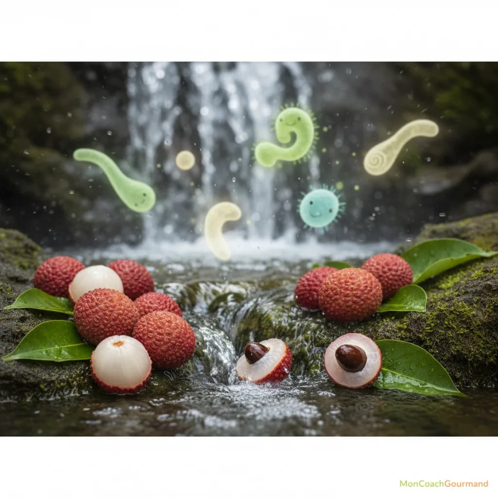 Litchi dans une ambiance évoquant l'hydratation et le bien-être digestif, avec des symboles de flore intestinale