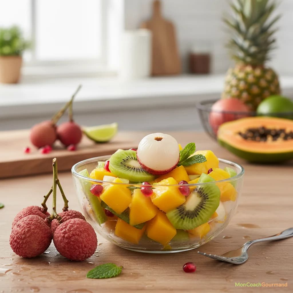 Salade de fruits exotiques avec du litchi, mangue, kiwi et citron vert, présentation appétissante