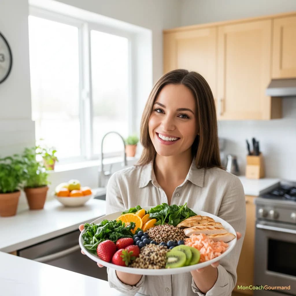 Une femme souriante mangeant une salade colorée avec plaisir, assise à une table bien dressée. L'image véhicule une ambiance sereine et joyeuse, axée sur le bien-être alimentaire.