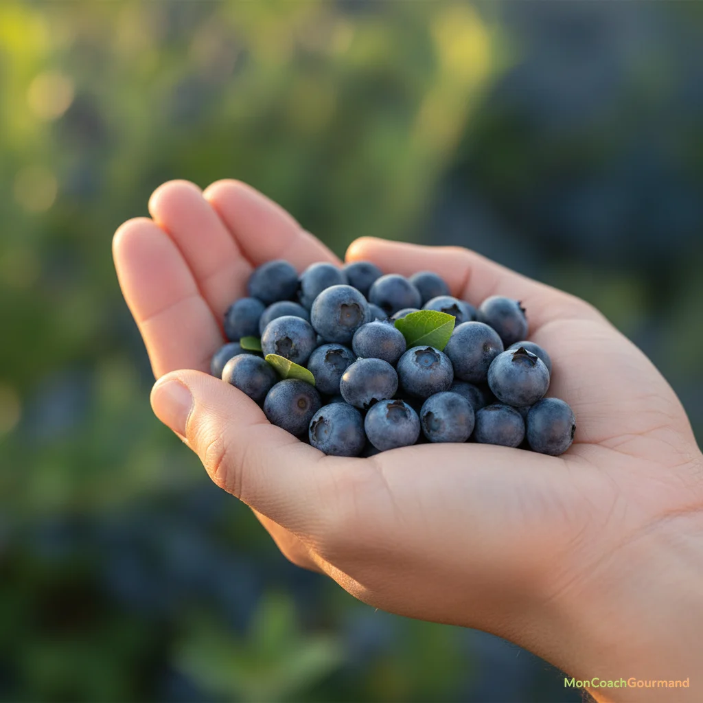 Gros plan sur une poignée de myrtilles dans une main, symbolisant la connexion entre l'alimentation et la santé cardiaque, avec une texture riche et des couleurs vibrantes.