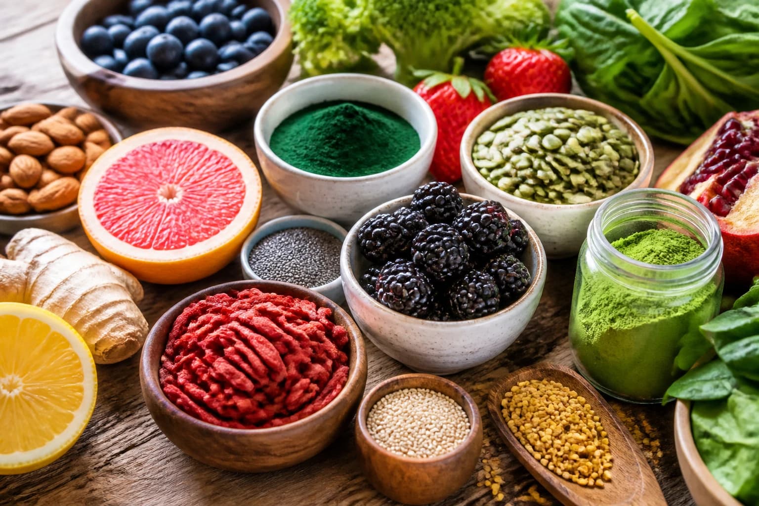 Aliments présentés comme superfoods sur une table en bois