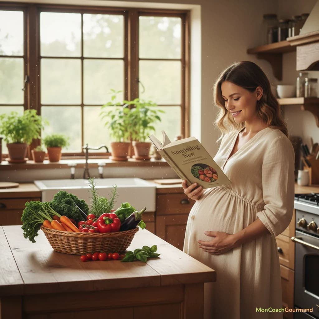 Une femme enceinte souriante et sereine en cuisine, consultant un livre de recettes saines, symbolisant la vigilance sans anxiété