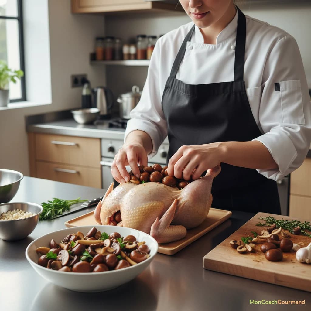 Chef préparant un chapon farci aux marrons et champignons pour un repas de fête