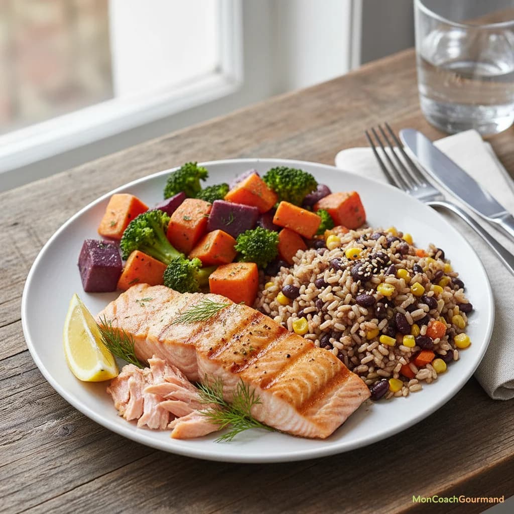 Assiette équilibrée et réaliste avec du poulet grillé, du riz basmati et des légumes verts, illustrant un repas riche en protéines pour la synthèse protéique musculaire. L'image est bien proportionnée.