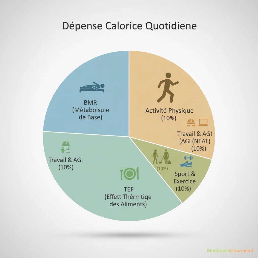 Illustration des composants de la dépense calorique : Métabolisme de Base, Thermogenèse Alimentaire et Activité Physique (travail, NEAT, sport) sous forme de diagramme circulaire coloré et réaliste.