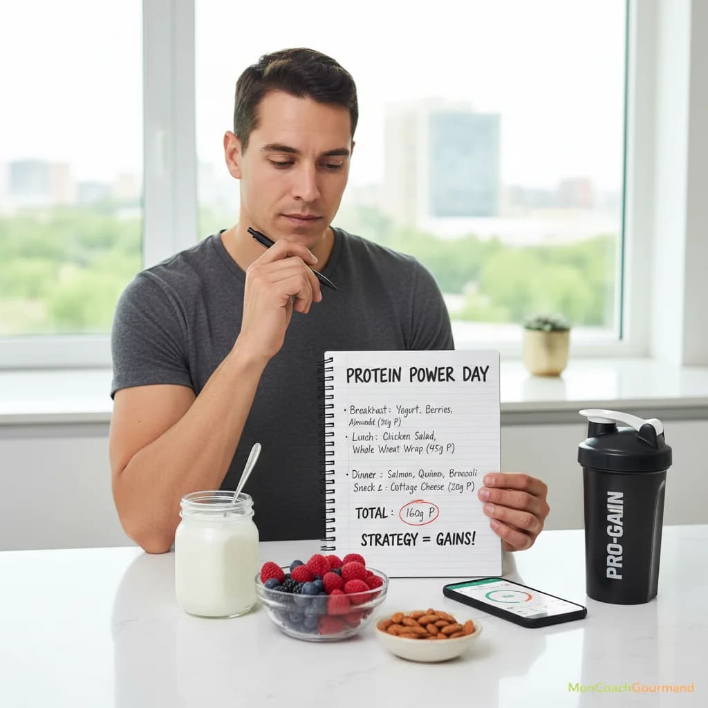 Image réaliste d'une personne planifiant ses repas avec un carnet et divers ingrédients sains pour une stratégie de répartition protéique efficace sur la journée.