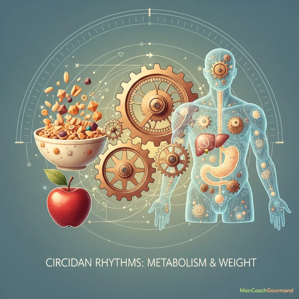 Illustration montrant des engrenages d'horloge stylisés se connectant à des symboles de nourriture et de corps humain, représentant l'influence des rythmes circadiens sur le métabolisme et le poids. L'image est réaliste, aux couleurs douces.