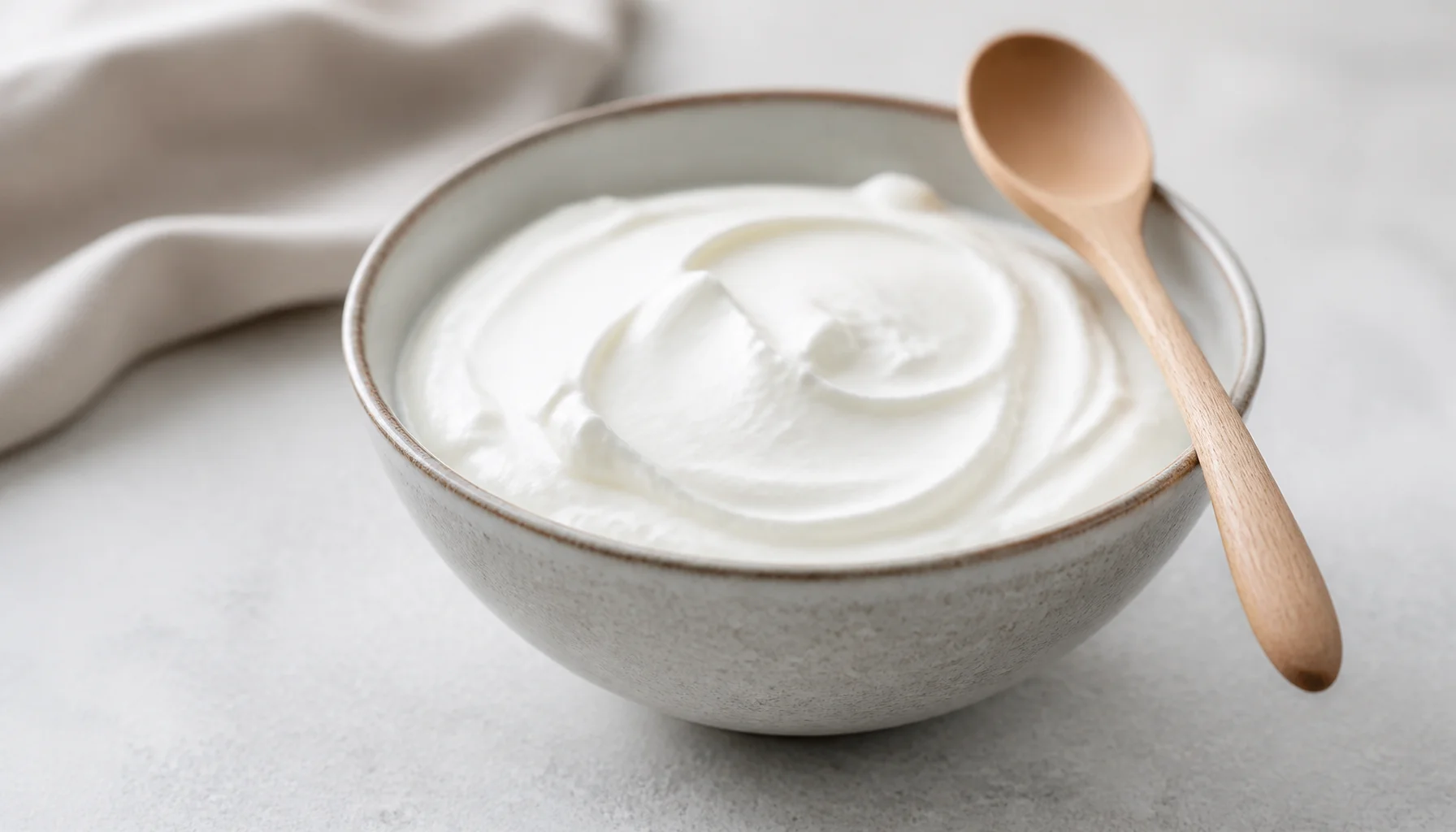 Bol de skyr nature avec cuillère en bois sur fond clair