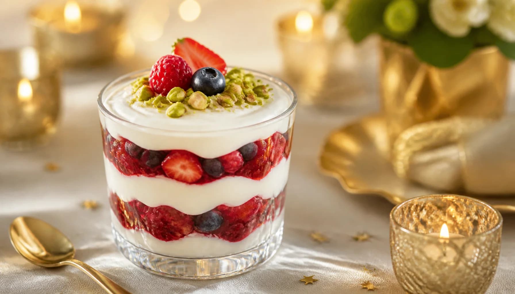 Verrine élégante au skyr et fruits rouges posée sur une table de fête décorée