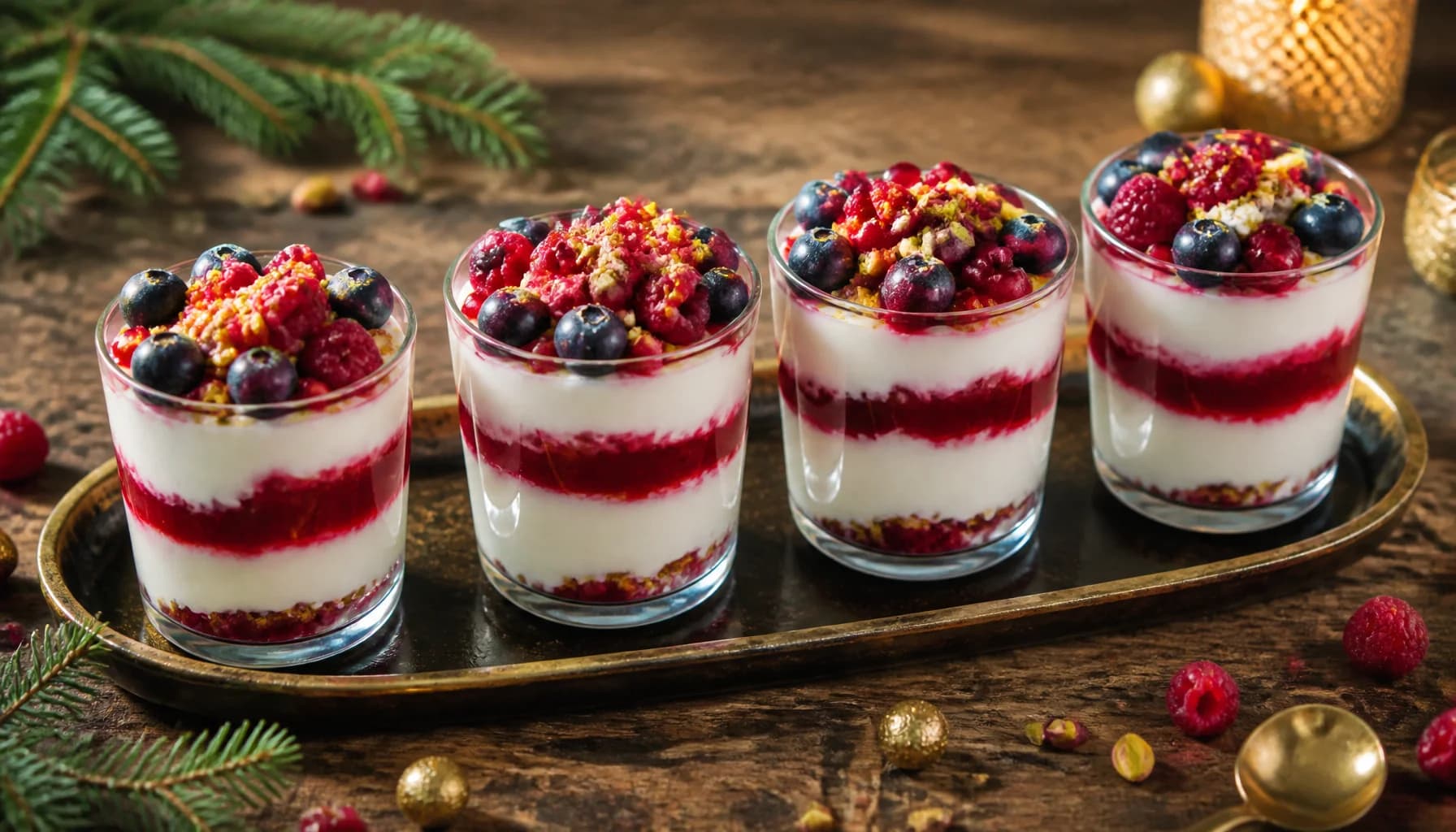 Verrines de skyr aux fruits rouges et pistache concassée alignées sur un plateau festif
