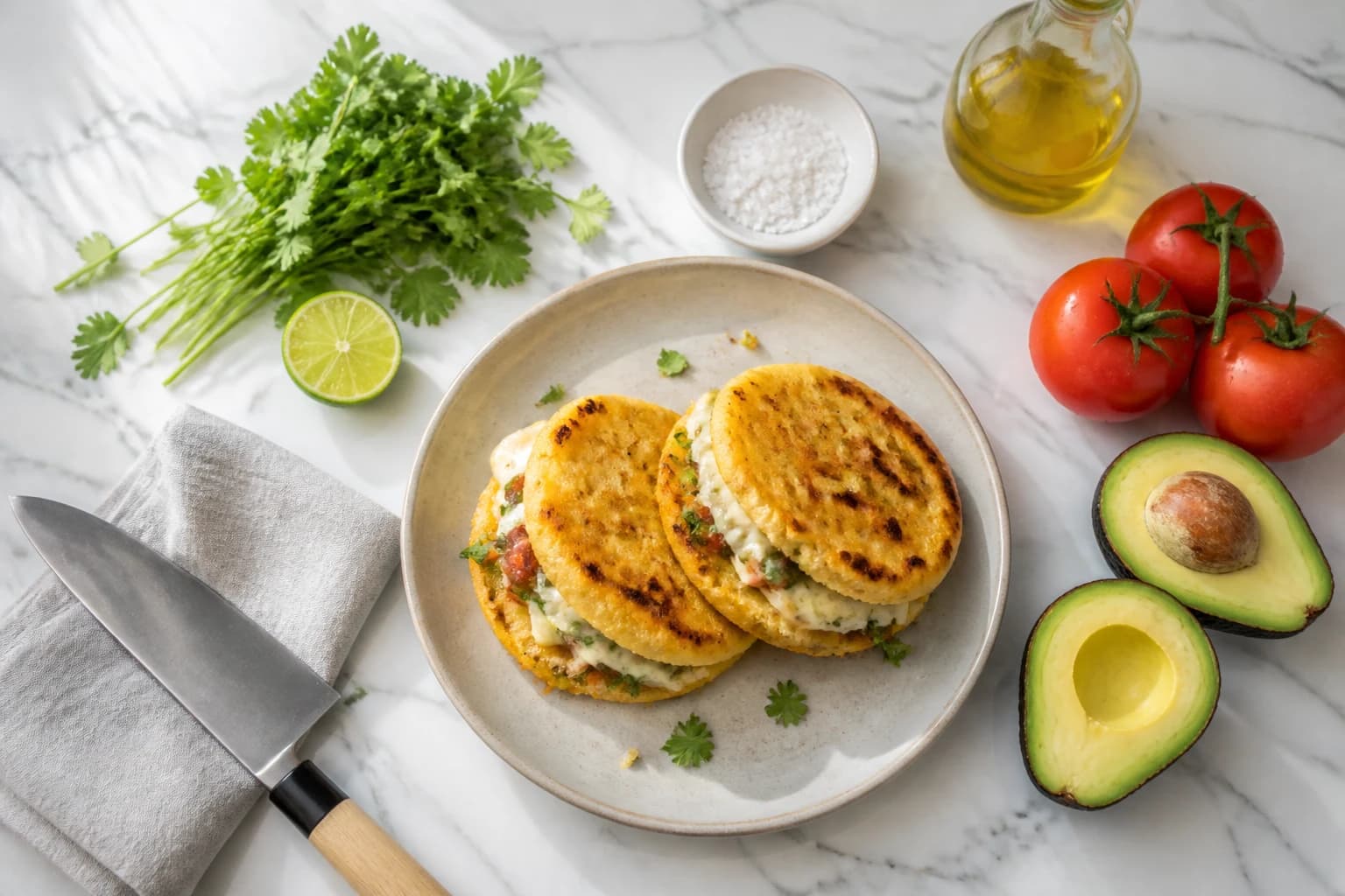 Arepas ouvertes garnies d'avocat et fromage frais sur planche rustique