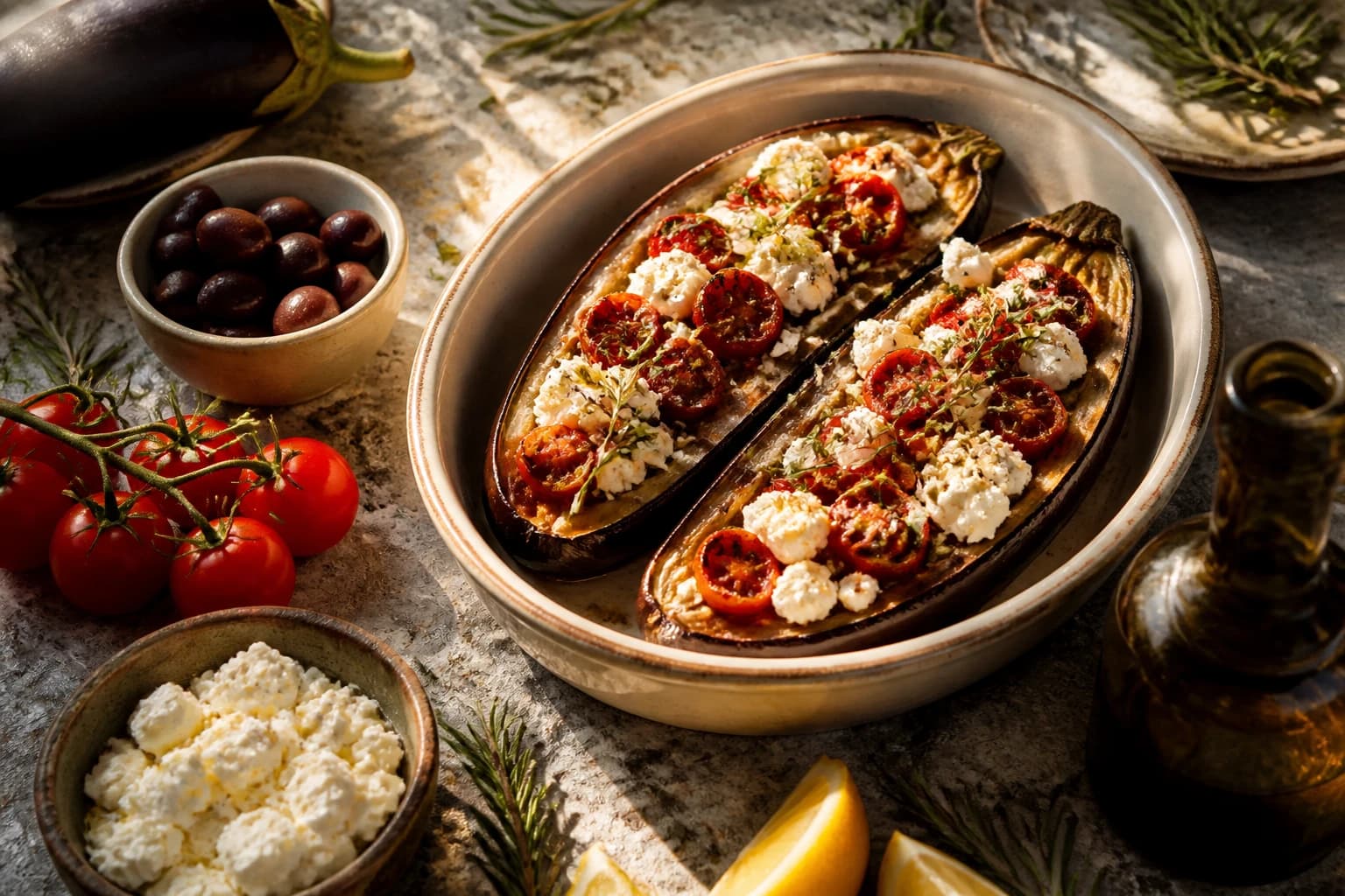 Aubergine grillée à la feta fondante, tomates rôties et origan, arrosée d'huile d'olive