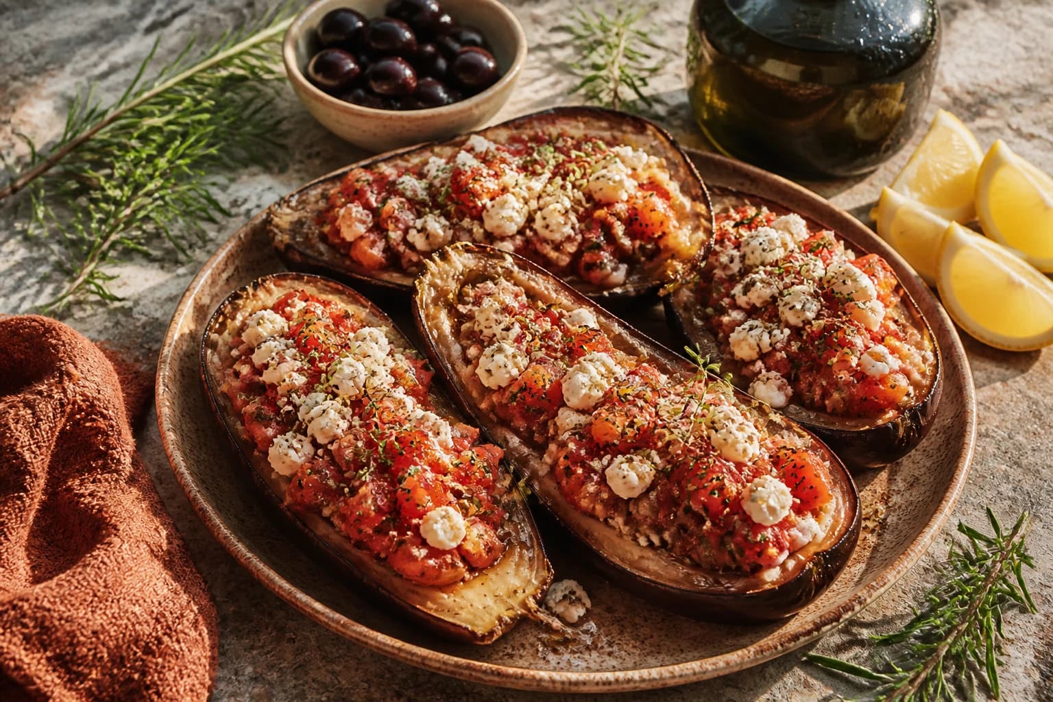 Etape 3 : Garnir de tomates et feta — Aubergine grillée à la feta