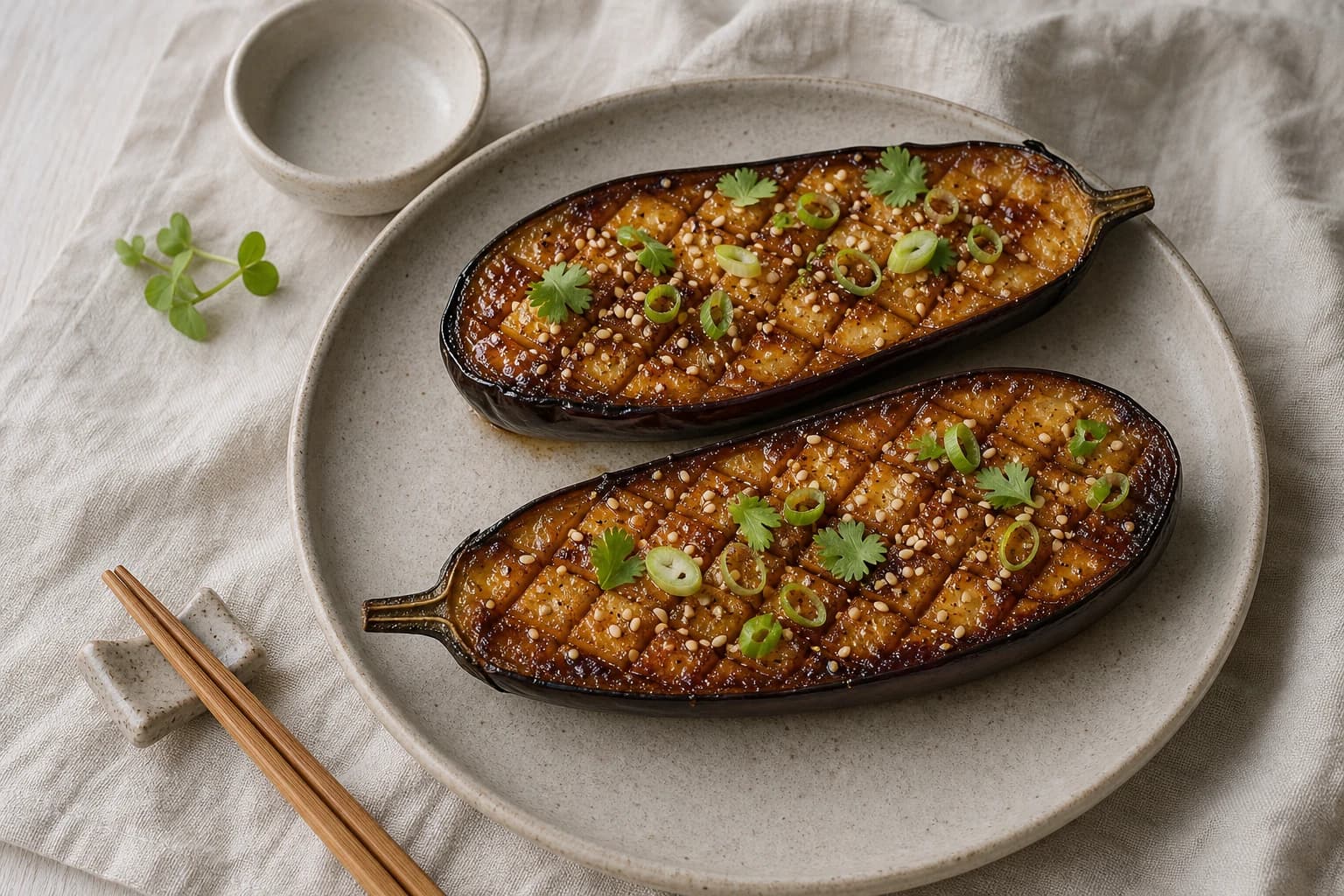 Aubergines rôties au miso et sésame doré