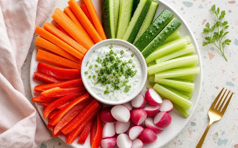 Bâtonnets de légumes, dip yaourt-herbes frais