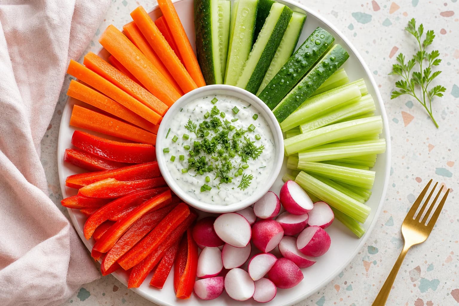Bâtonnets de légumes, dip yaourt-herbes frais