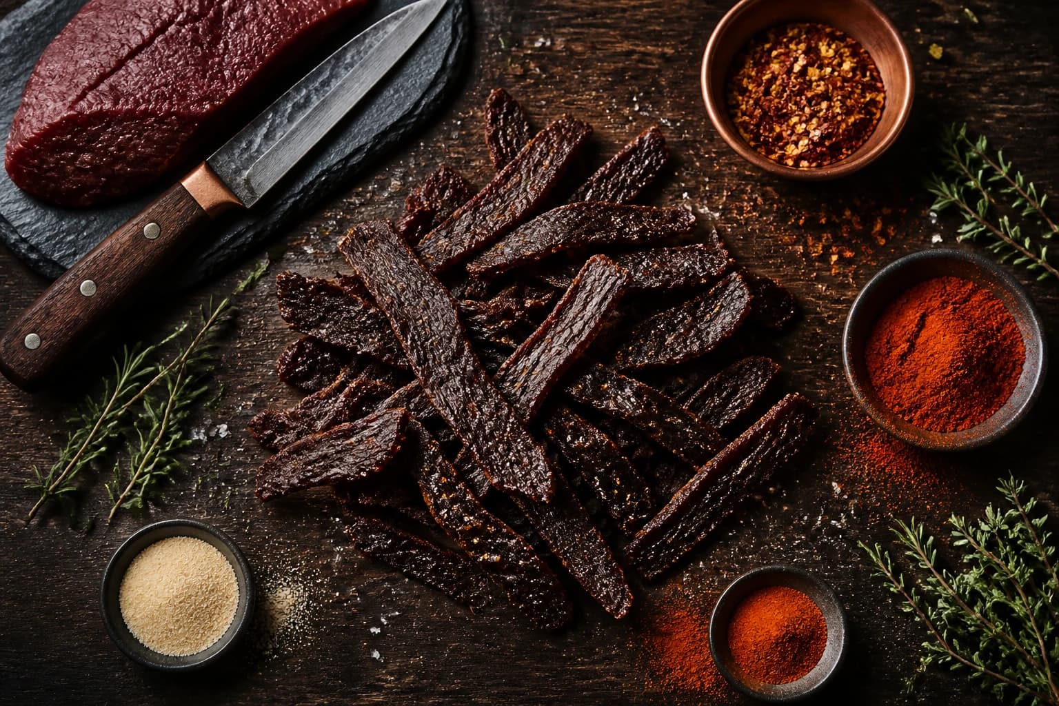 Beef jerky épicé maison : lanières de boeuf séché au piment et paprika fumé, prêtes à être dégustées