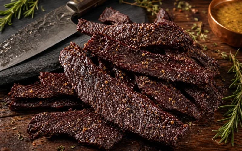 Beef jerky miel moutarde maison étalé sur une planche en bois, tranches dorées et brillantes