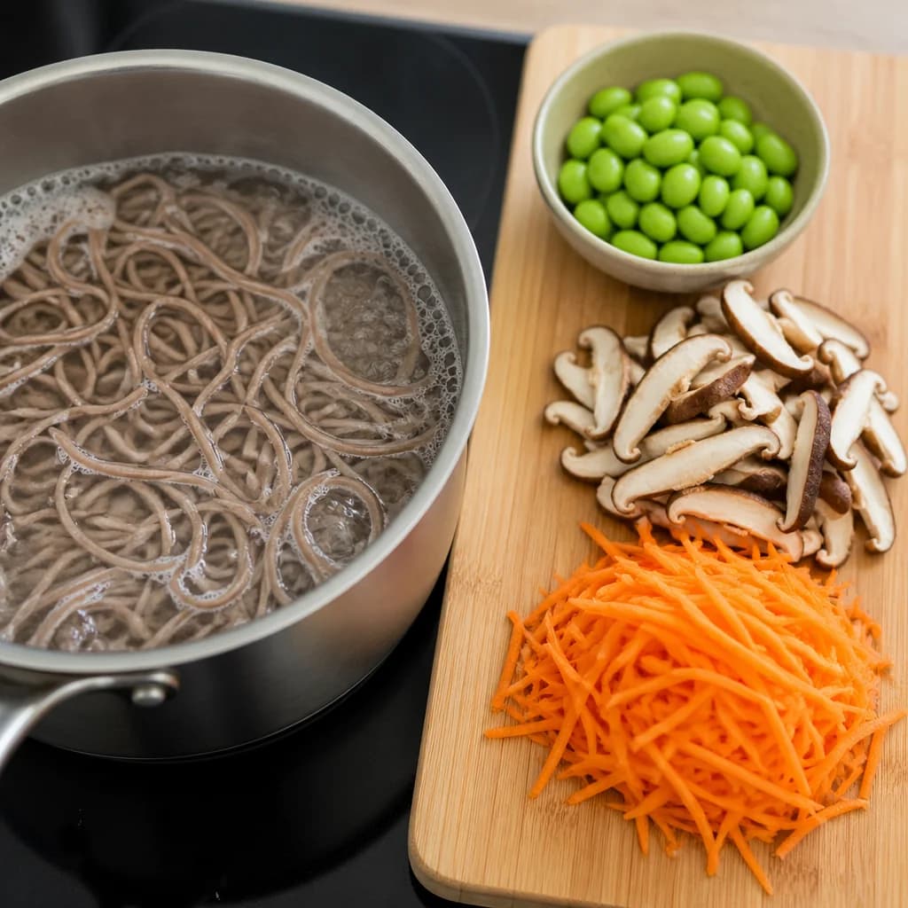 Étape 3 : Cuire les légumes et les soba — Bol japonais soba au sésame