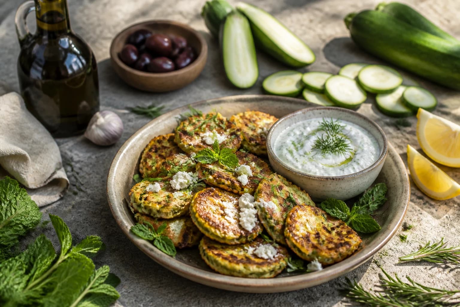 Boulettes de courgette grecques kolokithokeftedes dorées à la poêle, feta et menthe, avec tzatziki