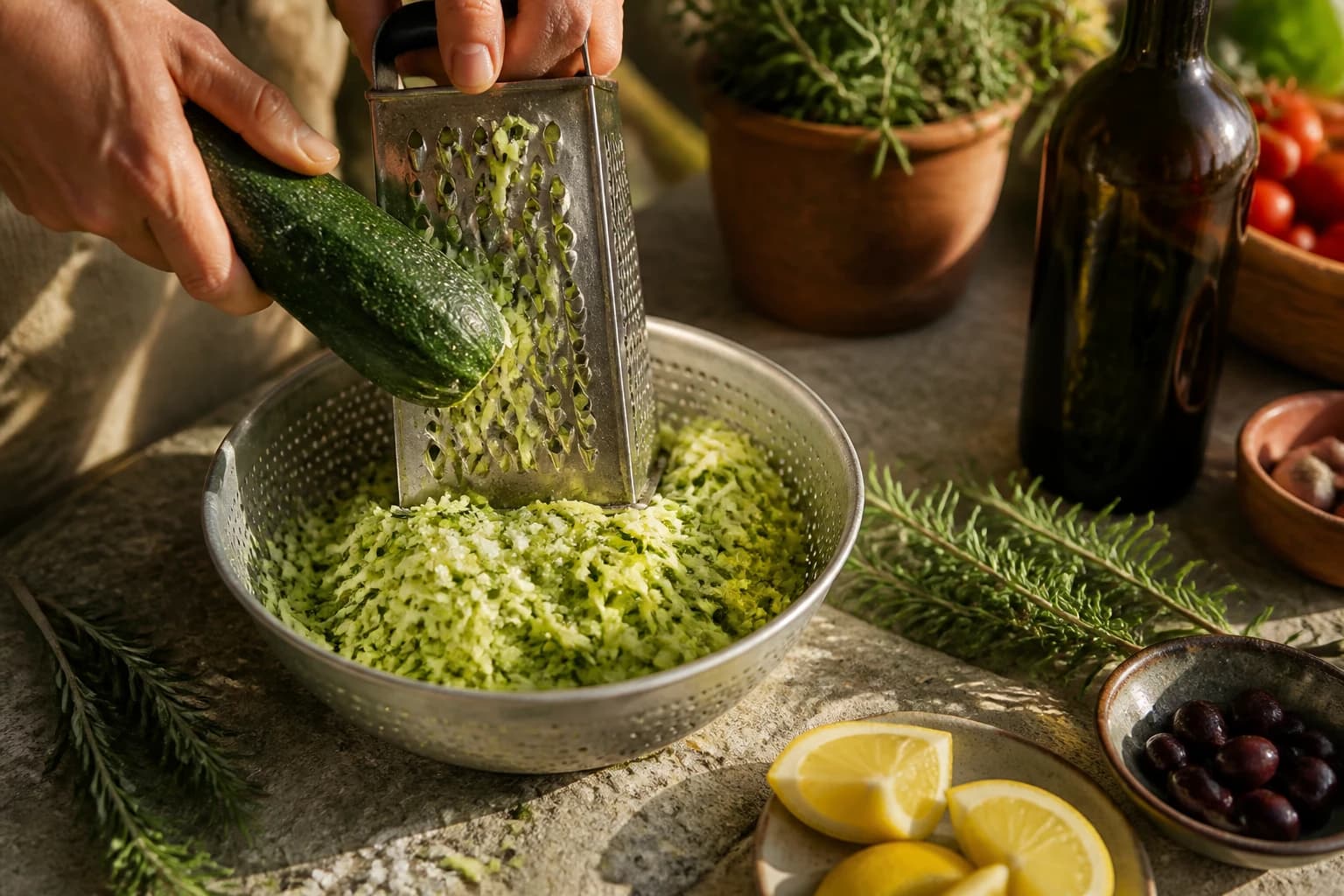 Etape 1 : Dégorger la courgette — Boulettes de courgette grecques dorées