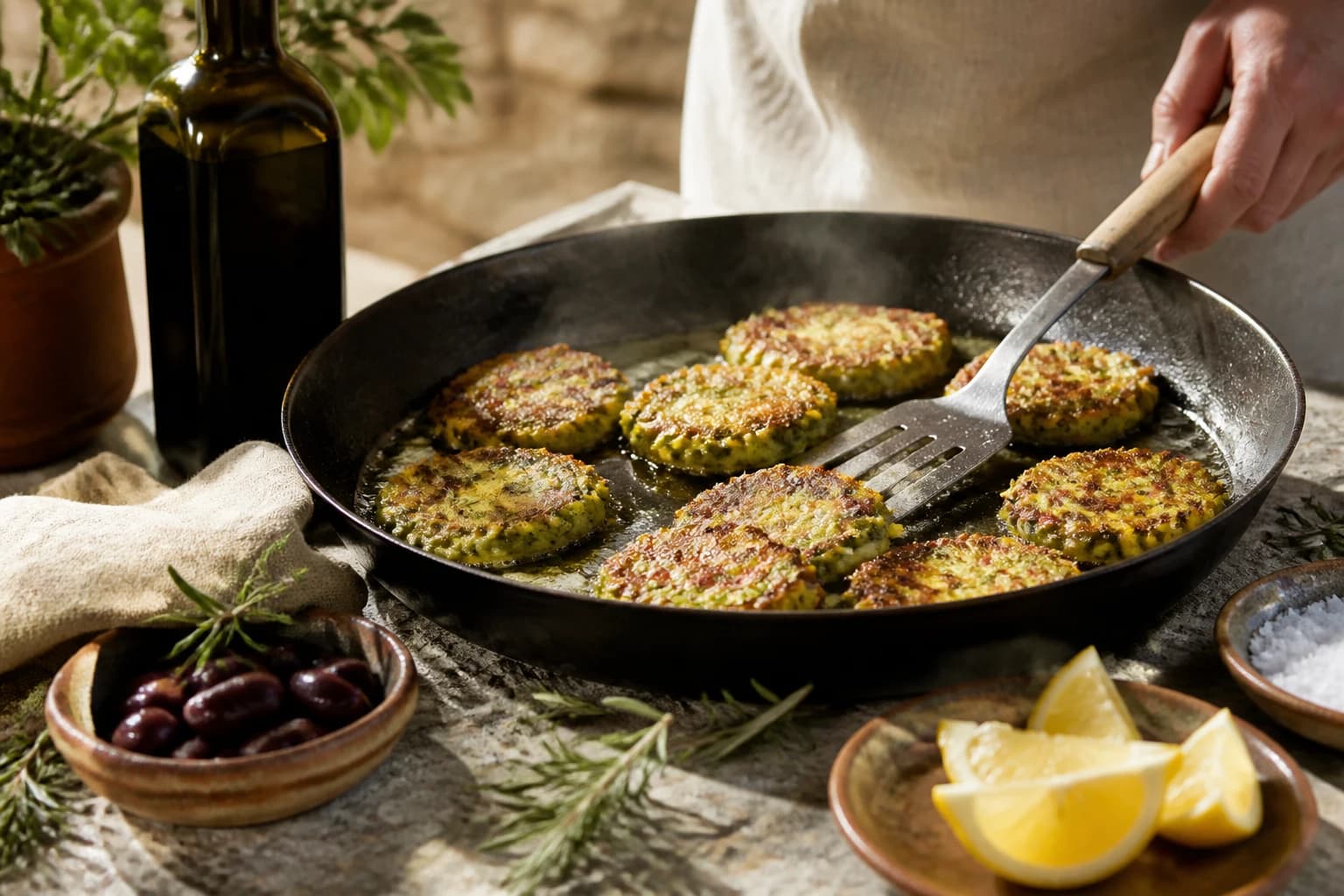 Etape 4 : Dorer à la poêle — Boulettes de courgette grecques dorées