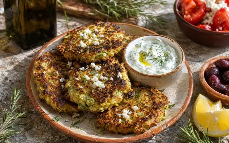 Boulettes de courgette grecques dorées, kolokithokeftedes croustillantes à la feta