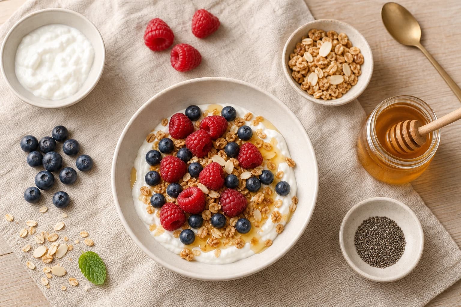 Bowl petit déjeuner skyr fruits rouges granola vue de haut avec framboises et myrtilles éparpillées