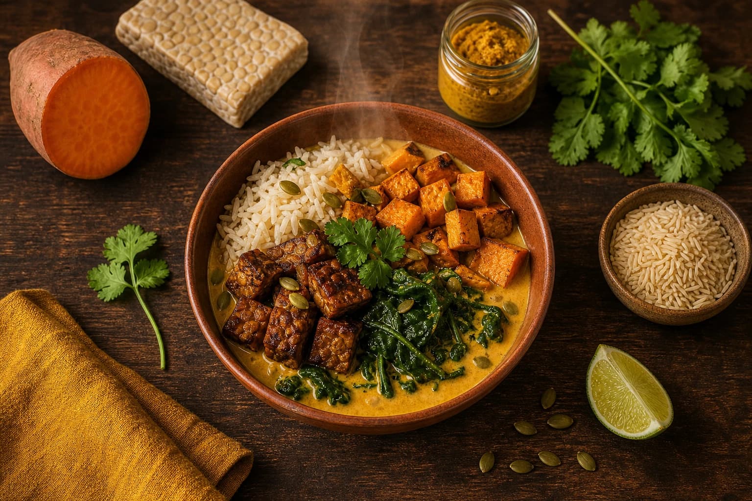 Bowl tempeh curry patate douce vue de haut avec dés de tempeh caramélisé et patate douce rôtie