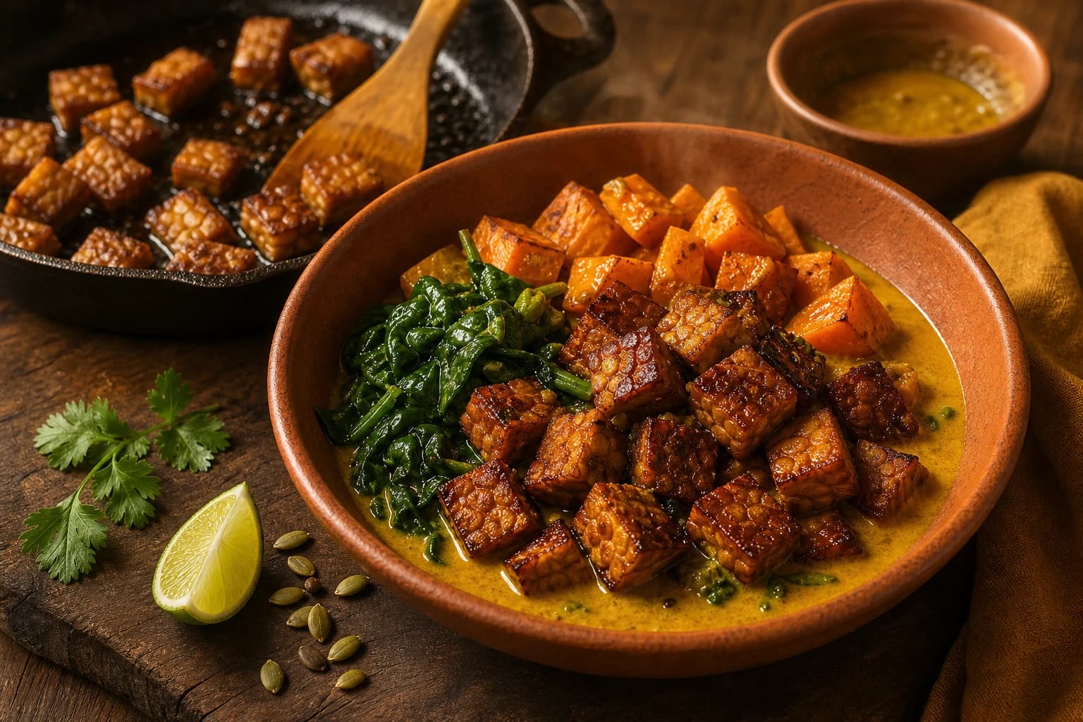 Etape 2 : Mariner et poêler le tempeh — Bowl tempeh curry & patate douce