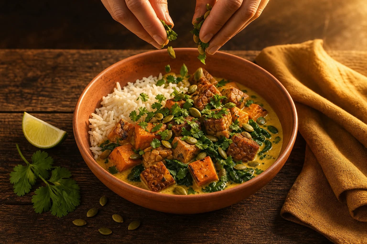 Etape 4 : Assembler et finaliser — Bowl tempeh curry & patate douce