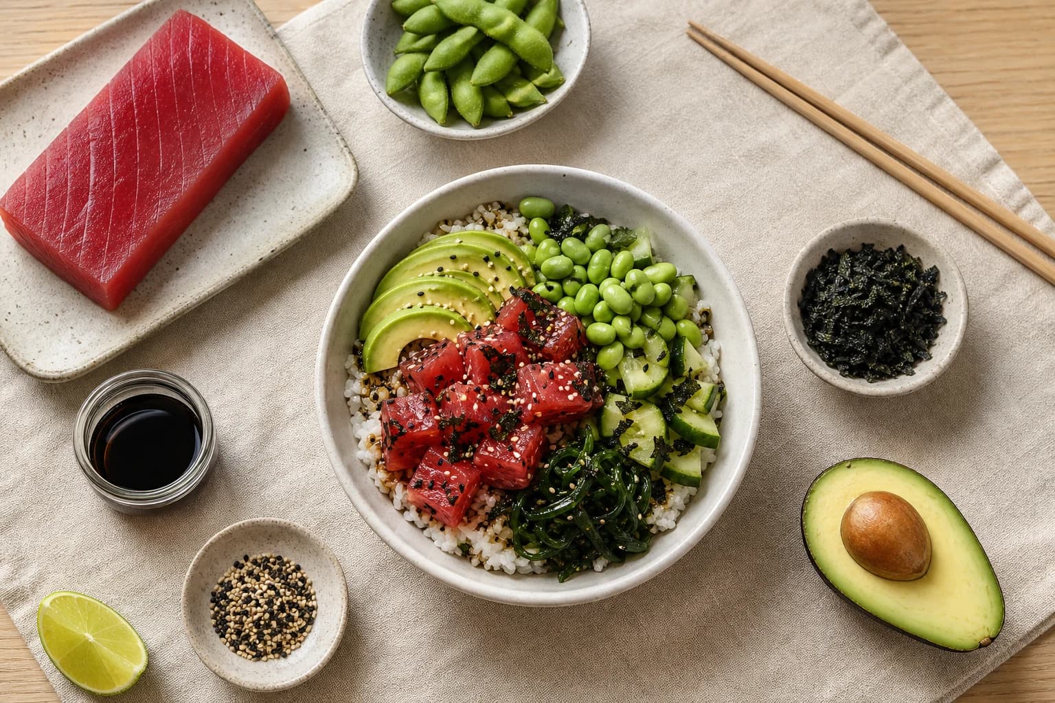 Bowl thon mariné soja sésame poke bowl vue de haut avec cubes de thon rouge avocat et edamames