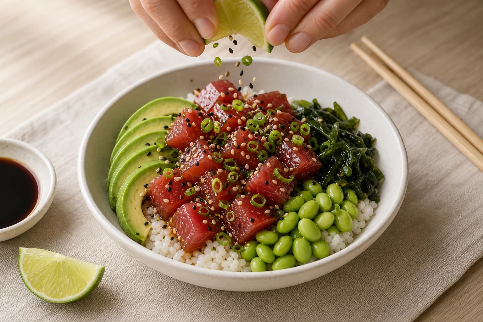 Etape 4 : Dresser les bowls poke — Bowl thon mariné soja-sésame